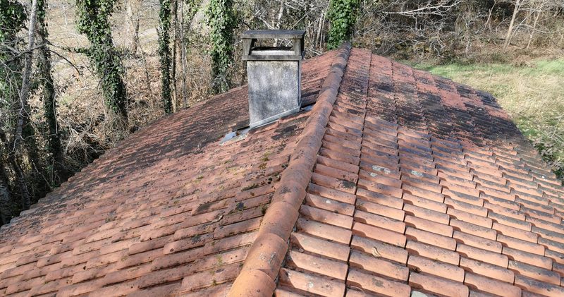 Toiture en tuiles canal envahie de mousse, avant démoussage
